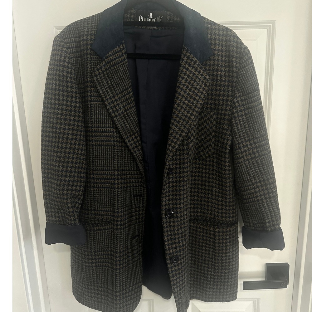 JL Colebrook Houndstooth Blazer Women's Medium Blue Brown Corduroy Collar Retro